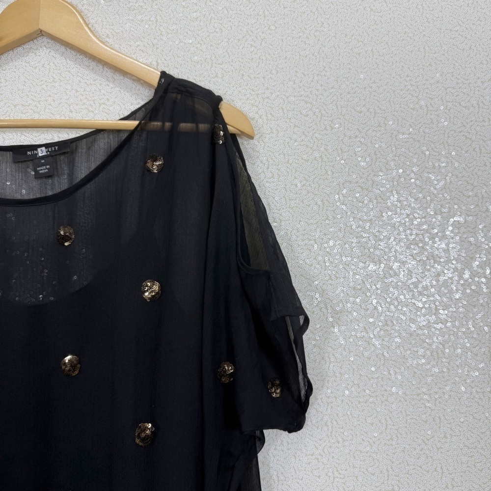 Nine West Black Sheer Chiffon Blouse Gold Sequin Overlay | Dolman Sleeve - Picture 9 of 11